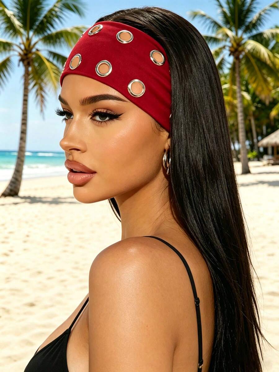 1pc Punk Style Headband, Elastic Yoga Sports Hair Accessory, Versatile Daily Hair Decoration, Classic Headband Fashion Accessory, Suitable For Vacation Outfit - Burgundy - View 1