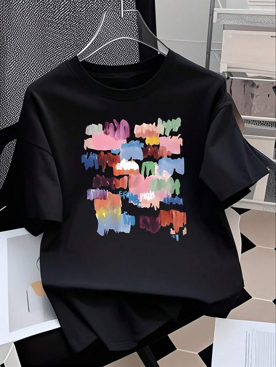 Limited Edition: Women's Y2K Style Oversized Short Sleeve T-Shirt - Long Top With Cartoon Print, Lightweight (200 G/M²), Round Neck, Casual Summer Top For Spring And Autumn, Lightweight Cotton - 黑色 - 查看 1