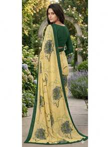 Estationeryhouse Printed Georgette With Saree With Blouse Piece - Green - View 2