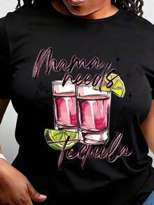 Women's T-Shirt With "Mama Needs Tequila" Cocktail Artistic Design, Casual, Round Neck, Short Sleeve, Perfect As A Birthday Gift, Suitable For Wear In All Seasons, Ideal For Daily Outdoor Use. - 黑色 - 查看 6