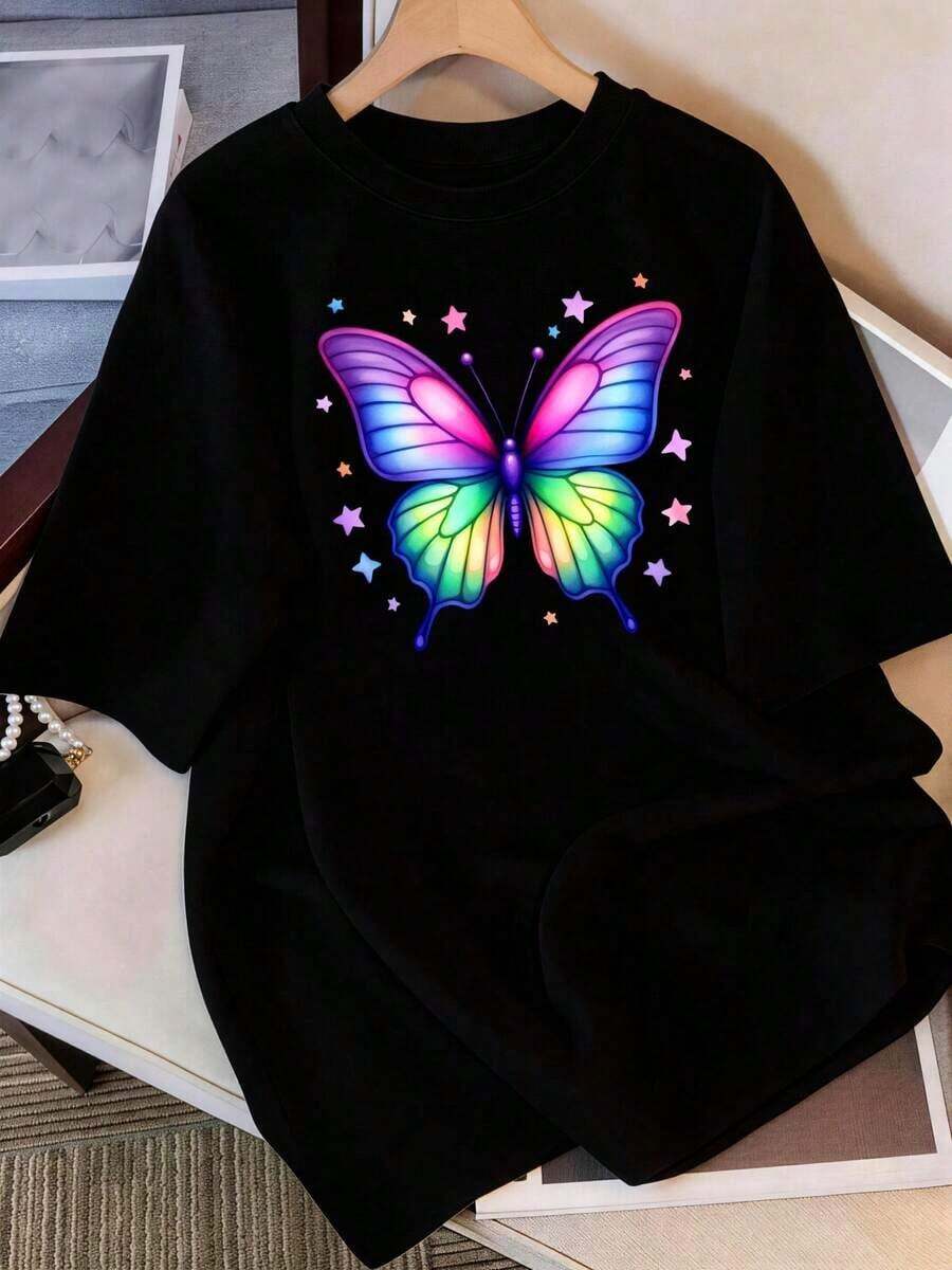 Ropa Curvy En Oferta Y Una Camiseta De Manga Corta Para Mujer, CláSica, Moderna Y A La Moda, De Corte Holgado, Adecuada Para Actividades Al Aire Libre En Verano.Camiseta De Mujer Con Cuello Redondo Y Estampado De Mariposas Coloridas, Ideal Para Uso Casual Diario.Transpirable Y Ligera, Es Una Blusa Casual Para Mujer Y Una Camiseta De Verano Para Mujer.Blusas Para Mujer,Blusas Casuales Para Dama,Tops,, Mujer Premium,Y2K,Playeras De Mujer Curvy,Ofertas Y Liquidaciones Ropa Mujer,Playeras Deportivas Para Mujer,,Playeras De Hombre, Mujer,Blusas>Elegante KKRUCamisetas Para Mujer Y2K - Negro - Ver 1