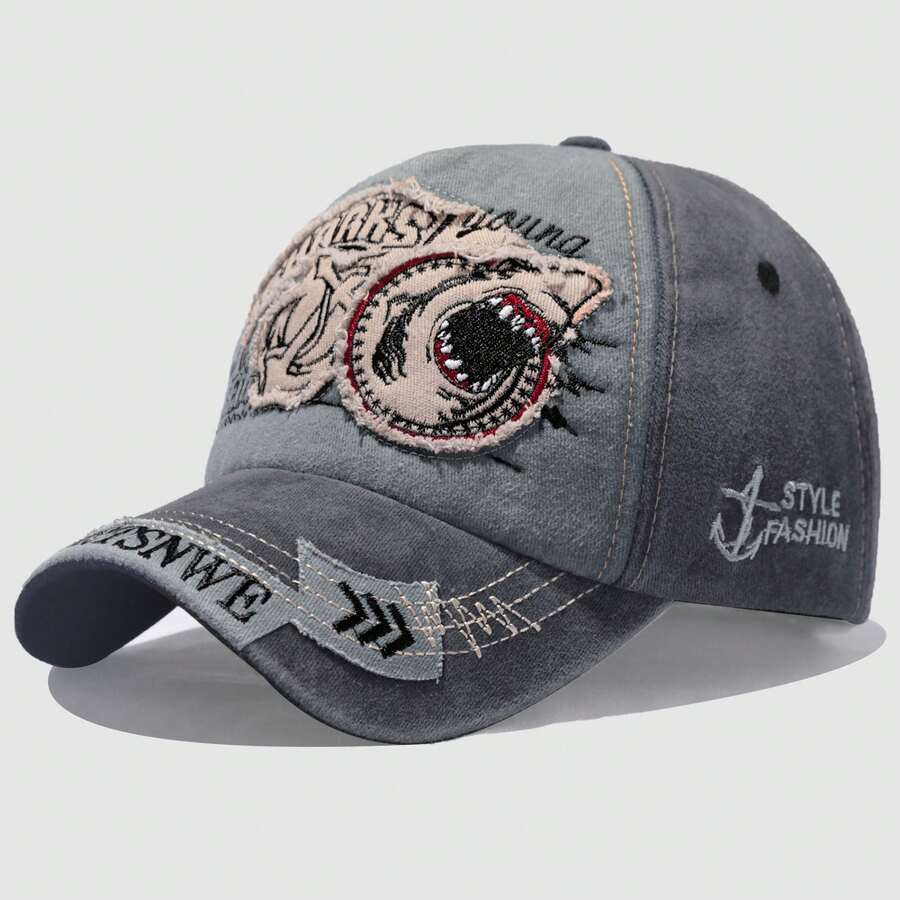 Gorra de béisbol con estampado de tiburón desgastado, estilo vintage y versátil de hip hop, adecuada para la calle, viajes, ajustable, para todas las estaciones - Tiburón parche - Ver 1
