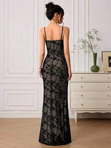 Vestido de slip maxi elegante con ajuste ceñido, dobladillo de cola de pez y pliegues en unicolor para mujer - Negro 3 - Ver 7
