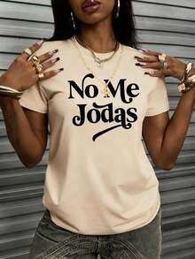 Camiseta de mujer de manga corta, de ajuste holgado, con cuello redondo y estampado de eslogan, nueva para el verano. Prenda de vestir casual y de moda, adecuada para uso diario y vacaciones.,Playera Gráfica Oversized Mujer Verano Casual - Albaricoque - Ver 4