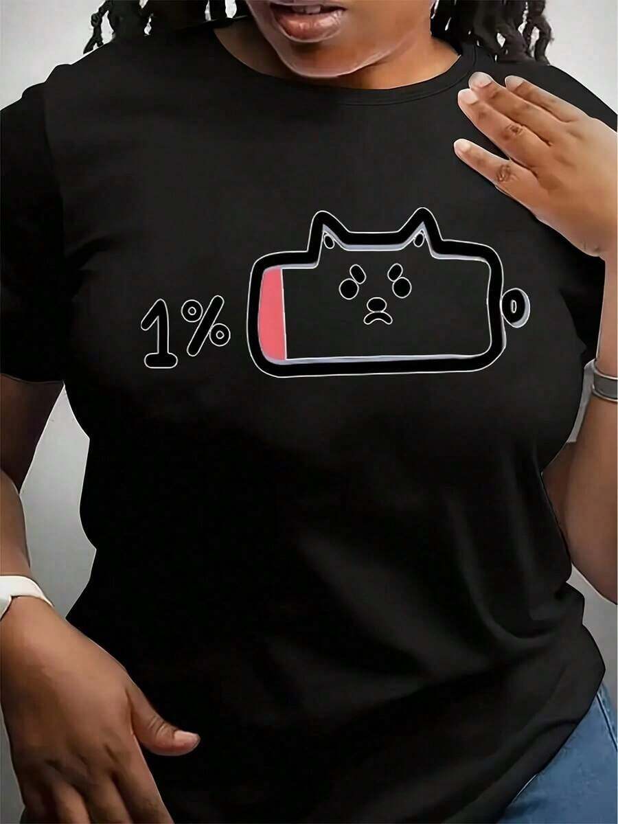 Camiseta de Mujer 100% Algodón con Lindos Gatos de Dibujos Animados y Estampado de Batería al 1% - Camiseta Casual de Manga Corta con Cuello Redondo Suave, Lavable a Máquina, Ropa Casual Juvenil de Estilo Urbano, Camiseta para Mujer - Negro - Ver 1