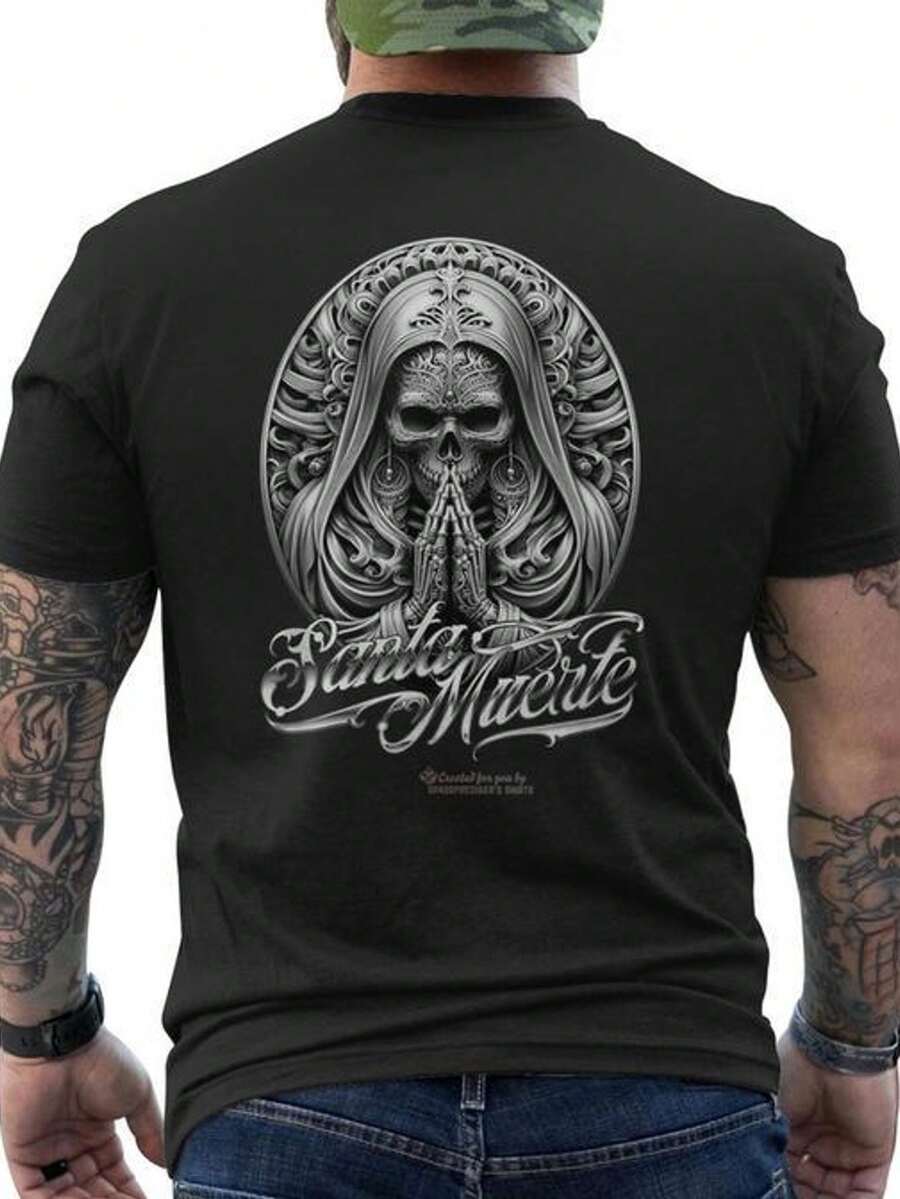 Men's Spiritual Gothic T-Shirt - Santa Muerte Back Print - 100% Heavy Cotton, Crew Neck - Soft Casual Tee For Dark Fantasy And Day Of The Dead Culture - Machine Washable, Daily Streetwear, Urban Fashion, Intricate Design, Loose And Comfortable - 圖片如何 - 查看 1