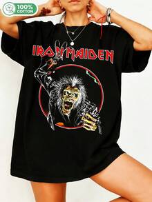 IIronnn Maidennn Heavyy Metal Band Fanartt T‑Shirtt, Eddiee Screaming Skull Portrait Withh Red Lightningg Circle Borderr, Vintagee Rockk Styllee, Unisexx Oversizedd 100% Cottone Creww Neckk Casuall Streetwe. - 黑色 - 查看 6
