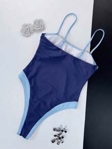 Traje de baño de una pieza con bloques de color, escote cuadrado y tirantes anchos para mujer.El ajuste ceñido acentúa las curvas del Body para un look de playa elegante.Vacaciones - azul real - Ver 4