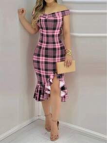 Vestido midi ajustado con estampado floral y hombros descubiertos para mujer, vestido de cóctel con abertura y volantes en el bajo - múltiple - Ver 6