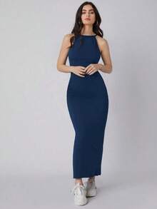 Vestido largo de mujer de unicolor con cuello halter sin mangas, cintura ceñida, ajuste delgado, color negro, adecuado para el transporte urbano, negocios, casual, elegante, ocasiones formales, estilo retro de los 90, diario, viaje, atuendo minima - Azul marino - Ver 6