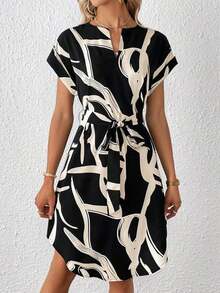 Vestido casual para primavera/verano de mujer con cuello de solapa, estampado y cinturón - Multicolor - Ver 4