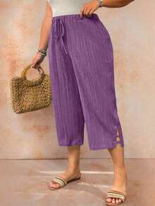 Pantalones casuales capri de talla grande para mujer, de unicolor, con cintura anudada y bolsillos - Morado - Ver 1