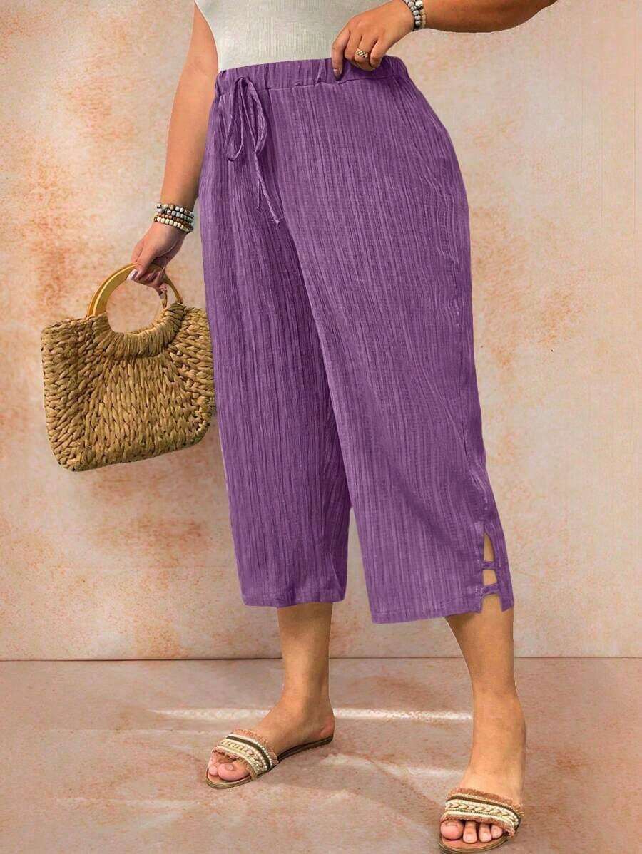 Pantalones casuales capri de talla grande para mujer, de unicolor, con cintura anudada y bolsillos - Morado - Ver 1