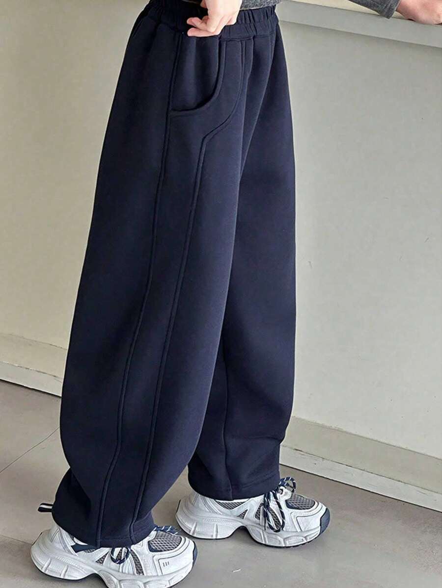 Girls' Curved Leg Sports Pants, Spring/Autumn/Winter 2026 New Style, Children's Sweatpants For Big Girls 8-13Y - Navy Blue - View 1