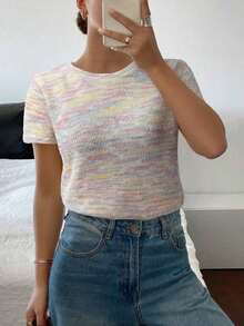 Camiseta de mujer de manga corta, cuello redondo, informal y holgada con estampado de efecto tie-dye - Multicolor - Ver 9