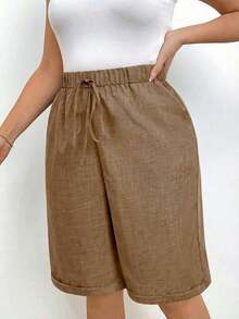 Pantalones cortos holgados de lino de talla grande para mujer, de unicolor, con bolsillo y lazo en la cintura, pantalones cortos anchos y de pierna ancha, pantalones cortos modestos para vacaciones y verano, color negro - Caqui - Ver 4
