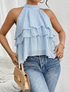 Blusa de gasa con volantes asimétricos y cuello suelto - Celeste - Ver 5