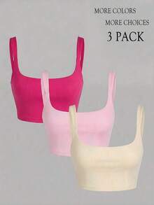 3 piezas Camiseta de tirantes de unicolor y corta para mujeres - Multicolor 3 - Ver 4
