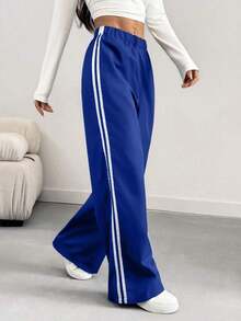 Pantalones informales de mujer con pierna suelta y efecto de contraste de color, para primavera/verano - Azul - Ver 4