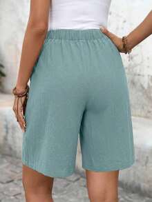 Bermudas de lino, mezcla de lino, unicolor, bolsillos laterales, longitud hasta la rodilla, cintura alta, estilo básico de moda - Niebla azul - Ver 2