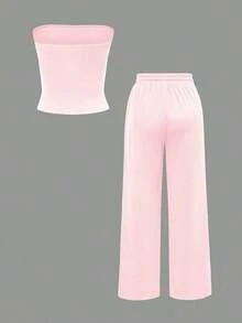 Conjunto de 2 piezas de ropa de otoño Vaiaye: Top corto ajustado y sexy sin tirantes, camiseta básica de unicolor elástica y ajustada, top tipo bandeau para yoga; Conjunto de pantalones para primavera/verano - Rosa - Ver 4