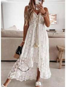 Women's Boho Maxi Dress, Summer Short Sleeve V-Neck Floral Flowy A-Line Long Dress, Formal For Wedding Guest & Baby Shower - 白色 - 查看 2