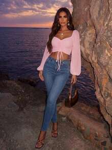 Blusa de manga farol con cuello de corazón y pliegues, corta - Rosa 2 - Ver 8