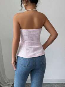 Top corto ajustado de verano para mujer con textura rosa, con detalle de botón de perla - Rosa 2 - Ver 2