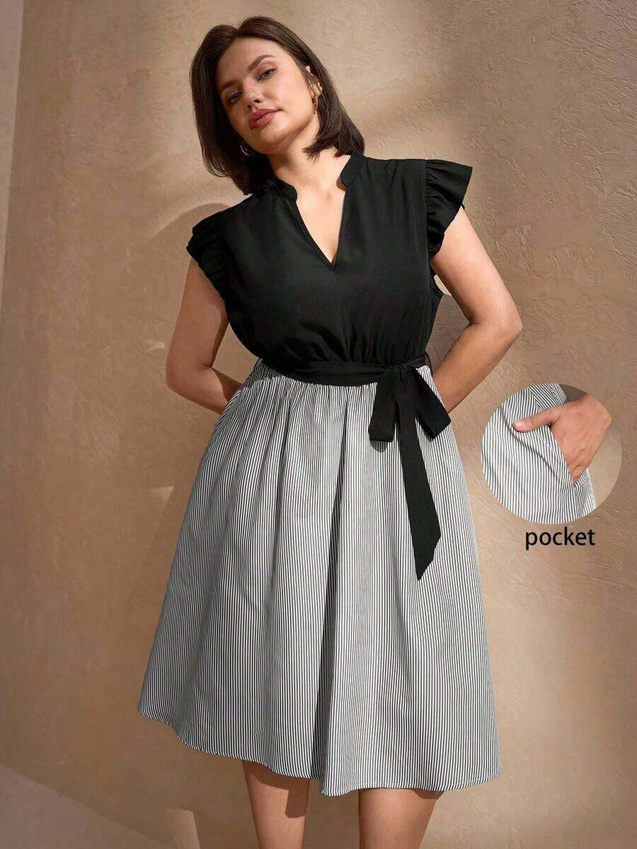 Vestido con estampado gráfico, cuello con muesca, volantes, cinturón, lunares, vestidos para mujer, vestidos casuales de primavera, vestidos de picnic, vestidos de verano, vestidos de primavera, vestidos de festival, vestidos de Pascua, vestid - Multicolor 2 - Ver 1