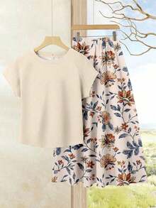 2 piezas Conjunto de top casual de unicolor + falda con estampado geométrico blanco y negro para vacaciones de mujer, Conjunto de ropa de verano para mujer, Conjunto de falda y top de verano, Conjunto de falda y top de mujer, Conjunto de falda - Multicolor 11 - Ver 7