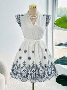 Vestido con estampado gráfico, cuello con muesca, volantes, cinturón, lunares, vestidos para mujer, vestidos casuales de primavera, vestidos de picnic, vestidos de verano, vestidos de primavera, vestidos de festival, vestidos de Pascua, vestid - Azul y blanco - Ver 1