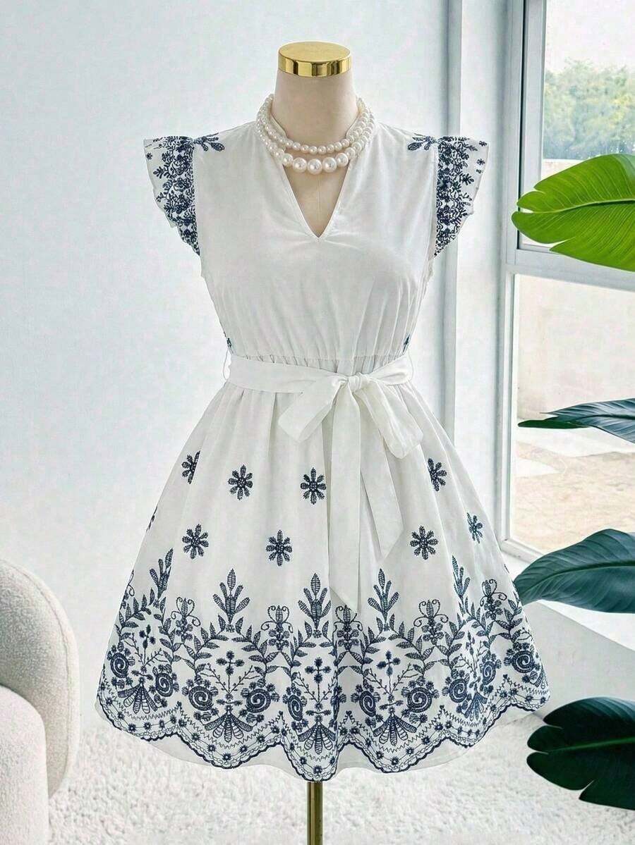 Vestido con estampado gráfico, cuello con muesca, volantes, cinturón, lunares, vestidos para mujer, vestidos casuales de primavera, vestidos de picnic, vestidos de verano, vestidos de primavera, vestidos de festival, vestidos de Pascua, vestid - Azul y blanco - Ver 1