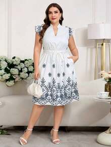 Vestido con estampado gráfico, cuello con muesca, volantes, cinturón, lunares, vestidos para mujer, vestidos casuales de primavera, vestidos de picnic, vestidos de verano, vestidos de primavera, vestidos de festival, vestidos de Pascua, vestid - Azul y blanco - Ver 7