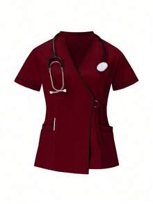 Conjunto de uniformes médicos: Parte superior de cuello en V de manga corta y pantalones para trabajadores de la salud - Burdeos 2 - Ver 4