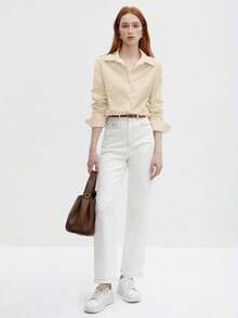 de mujer de manga larga con cuello vuelto, estilo urbano básico para ir al trabajo, conjunto de negocios casual elegante y minimalista, adecuado para maestras y oficina, otoño - Albaricoque - Ver 11