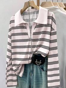 Camiseta de manga larga de ajuste holgado con estampado de rayas de contraste, para uso casual y diario, ideal para primavera/otoño - Rosa - Ver 3