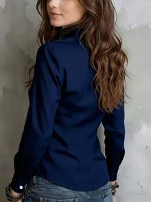 1 pieza Blusa elegante de unicolor de diseño de doble capa de poliéster para mujer, adecuada para vacaciones, uso diario, oficina y uso en el hogar en primavera/verano, color negro - Azul - Ver 2