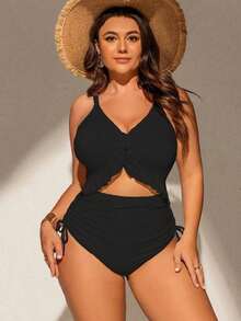 Traje de baño de una pieza para mujer de talla grande, de tela especial, escote en V profundo, tirantes ajustables, almohadillas extraíbles, volantes en el bajo, cintura con cordón, elegante y sexy, traje de baño casual para resort y playa - Negro - Ver 5