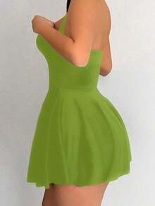 Vestido corto sin mangas de unicolor para mujer, atuendo casual y de uso diario en color borgoña - Verde Oliva - Ver 4