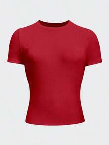 Camiseta ajustada de cuello redondo en color café talla grande para mujer - Rojo - Ver 3