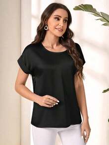 Blusa suelta elegante de verano para mujer con cuello redondo, mangas cortas tipo murciélago y unicolor - Blusas de manga corta - Negro - Ver 6