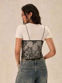 Camiseta de encaje negro para mujer - Negro - Ver 6