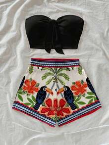 Conjunto de 2 piezas con estampado de árbol de coco y flor de diosa del sol para vacaciones en la isla, adecuado para vacaciones, verano, elegante - Multicolor 4 - Ver 5