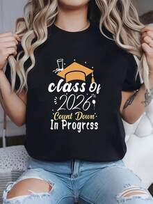 Camiseta Casual de Verano [Especial Vacaciones] Temporada de Graduación 2026 Cuenta Regresiva para la Graduación en Progreso Estampado de Texto Camiseta de Manga Corta con Cuello Redondo para Mujer Primavera Verano - Negro - Ver 7