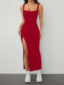Vestido largo ajustado de mujer con abertura alta, de punto acanalado elástico y tirantes anchos, atuendo de vacaciones para mujer - Burdeos - Ver 4