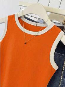 Camiseta de tirantes casual y versátil con ribete de contraste y cuello redondo para el verano - Naranja - Ver 4