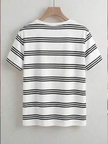 Desde la primavera hasta el verano, nuevas llegadas en la parte superior de verano: Día de San Valentín, elegante parte superior de mujer, parte superior de color albaricoque, camiseta, cuello redondo, adornos con cuentas, mangas cortas, estiliza - Multicolor - Ver 2