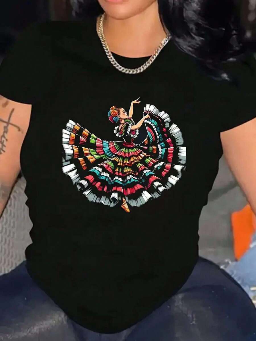 Women's Extra Large Breathable Oversized T-Shirt With Vibrant Mexican Dancer Print - Loose Fit, Short Sleeve, Crew Neck, Colorful Design, Sizes S-3XL, Lightweight For Spring/Summer, Festivals And Casual Outings, Mexican T-Shirt, Summer Wear, Durable Fabric, 100% - 黑色 - 查看 1