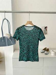 Blusa ajustada de cuello redondo con estampado de leopardo vintage de malla, elegante y casual para uso diario - Verde - Ver 2