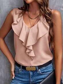 Blusa sin mangas con ribete de volantes, blusas sin mangas de verano elegantes para damas - Rosa vieja - Ver 7